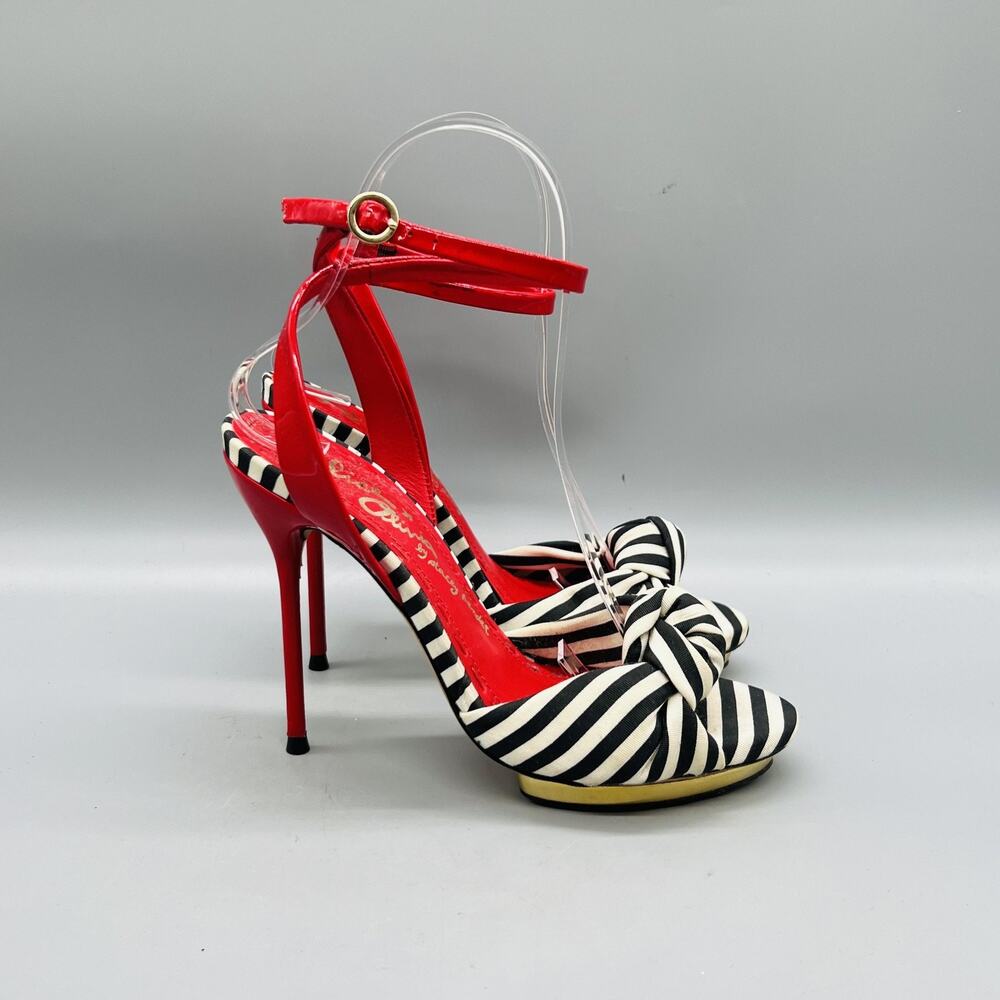 Alice + Olivia Sandals Womens 6 Red Stripe Stacey Bendet‎ Knot Ankle Strap Heels